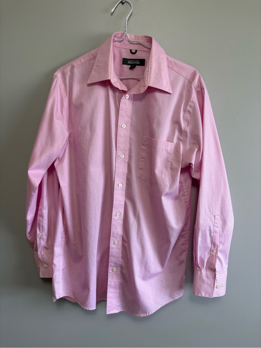 Kenneth Cole Regular Fit 100% Cotton Size Medium Pink Micro-Check Dress Shirt
